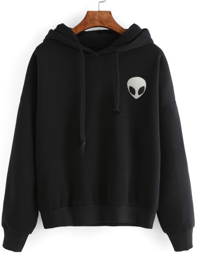 Kapuzensweatshirt mit Alien Druck - schwarz