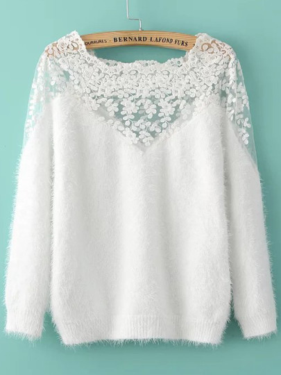 Maglione Pizzo Inserito Scollo A Barca - Bianco