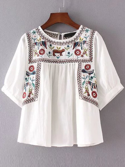Embroidery Elbow Sleeve Keyhole Blouse