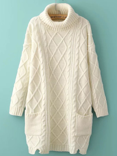 Vestito Maglione Spacco Laterale Con Tasche Dolcevita - Bianco
