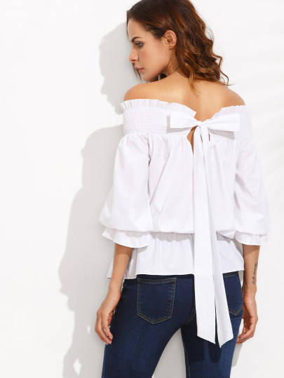 Blouse col bateau manche bouffante avec nœud - blanc