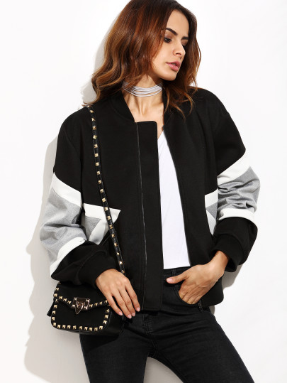 Contrast Panel Zip Up Bomber Jacket