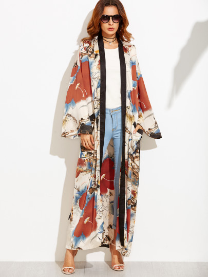 Calico Print Contrast Trim Belted Maxi Kimono