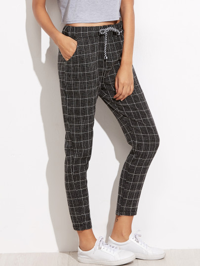 Pantalones de cuadros con lazo en la cintura - negro