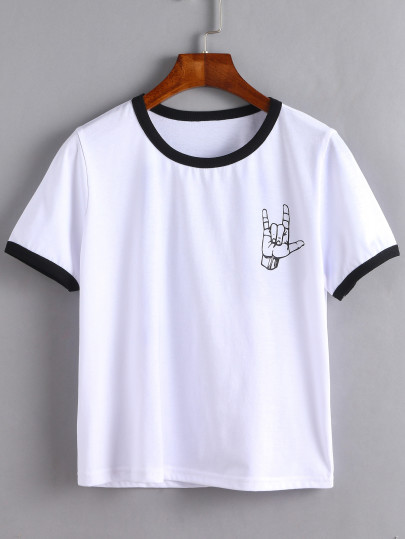 Contrast Trim Love Gesture Print T-shirt