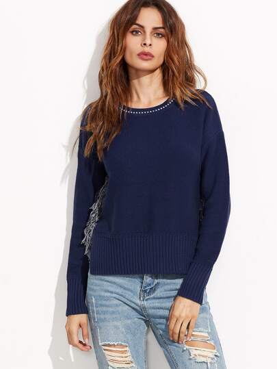 Maglione Con Orlo Spacco Laterale - Marino