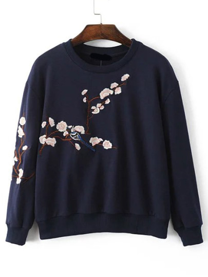 Plum Blossom Embroidered Drop Shoulder Sweatshirt