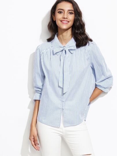 Blue Vertical Striped Tie Neck Wide Cuff Blouse