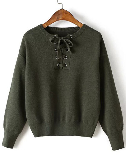 Army Green Eyelet Lace Up Drop Shoulder Sweater