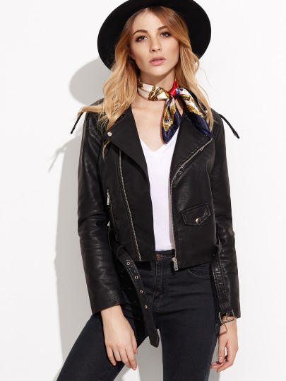 Faux Leather Moto Jacket With Buckle Belt