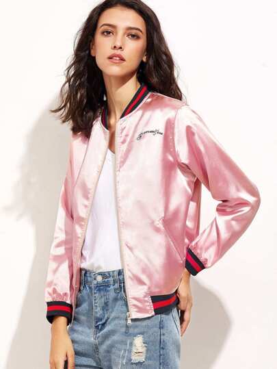 Pink Letter Embroidery Zipper Up Baseball Jacket
