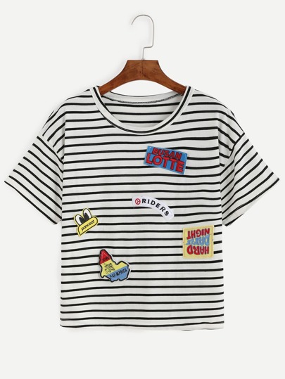 Camiseta rayas bordada parche - negro blanco
