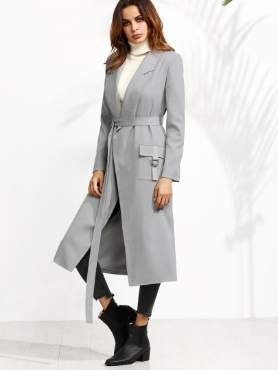 Grey Belted Duster Coat With Buckled Flap Pockets