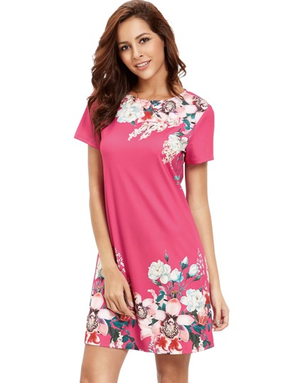Vestido informal de color rosa de cuello redondo con estampado de flores