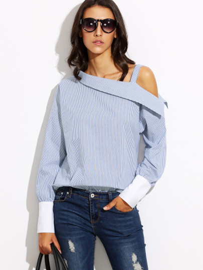 Bluse mit Streifen und asymmetrischen Design - blau