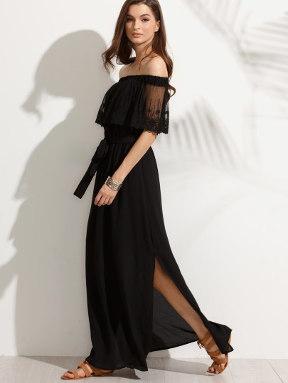 Robe longue fendue épaule dénudée - Noir
