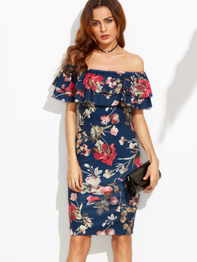 Vestido ajustado hombros al aire volantes estampado floral