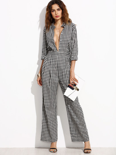 Gingham Plunge Neckline Jumpsuit