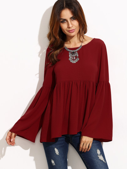 Bell Sleeve Cutout Back Babydoll Blouse