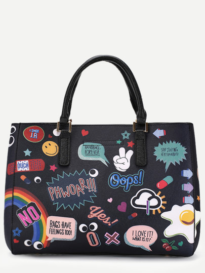 PU Henkeltasche Franse mit Clutch - schwarz