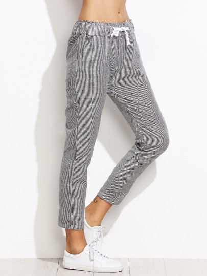 Vertical Striped Drawstring Waist Pants