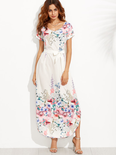 Vestito Stampa Fiore Con Cintura Spacco Laterale - Bianco