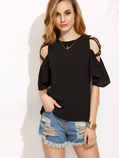 Crisscross Shoulder Ruffle Sleeve Button Keyhole Back Blouse