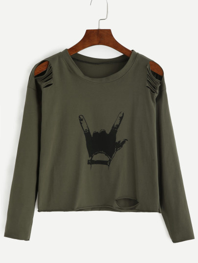 T-Shirt Strappati Stampa Gesto - Verde Militare