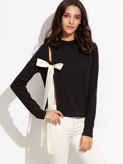 T-Shirt Scollo Finto Con Spacco Nodo A Fronte - Nero