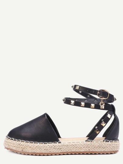 Black Buckled Ankle Strap Faux Leather Flatform Sandals