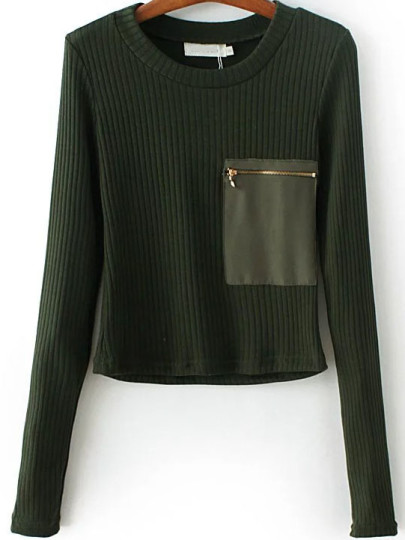 Dark Green Zipper Pocket Ribbed Knit Sweater