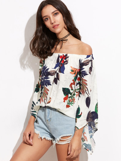 Tropical Print Bardot Trumpet Sleeve Top