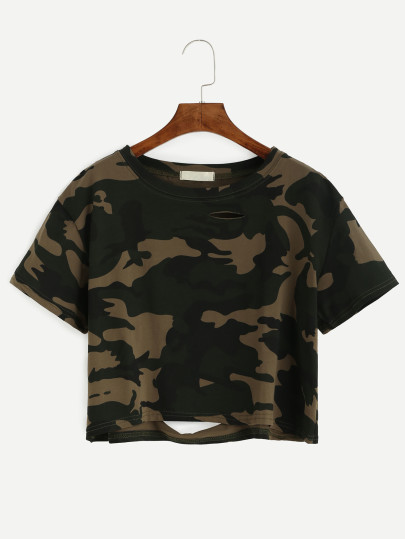 Camo Print Distressed Crop Tee