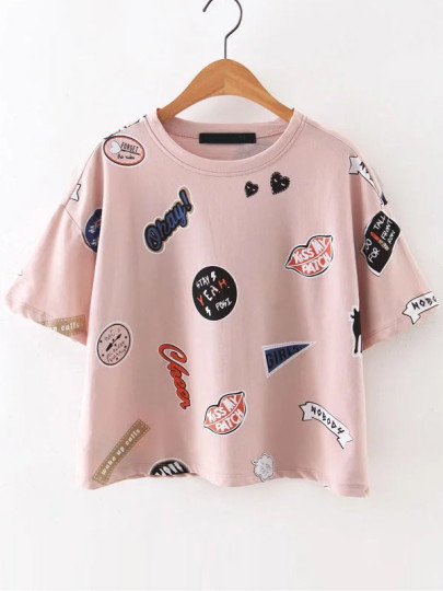 Pink Round Neck Printed Short Sleeve T-Shirt