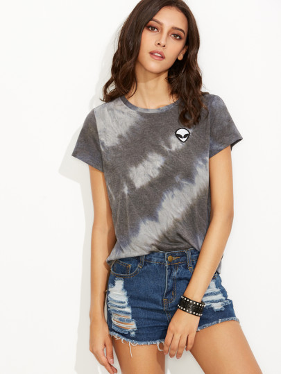 Tie Dye Print Alien Patch T-shirt