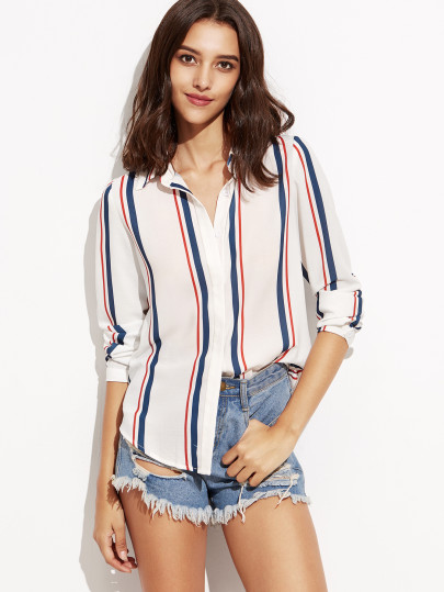 Vertical Striped Hidden Button Shirt