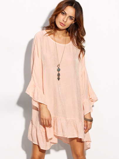 Vestito Largo Maniche Lunghe Orlo Increspato - Rosa