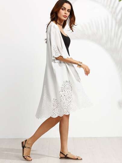 Kimono longue creux ourlet motif coquille - blanc