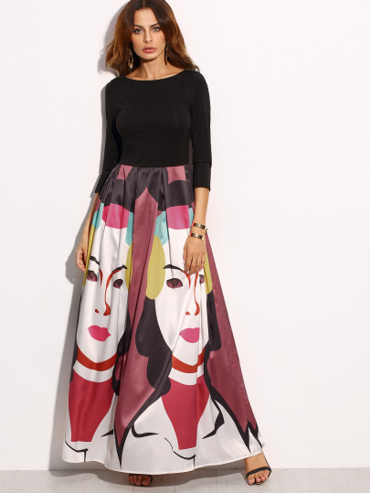 Multicolor Print Three Quarter Sleeve Skater Maxi Dress