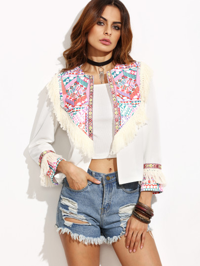 Blazer con estampado tribual y flecos - blanco