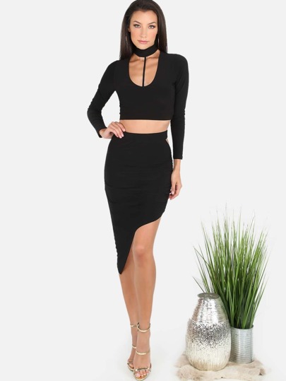 Long Sleeve Choker Ruched Skirt Set BLACK