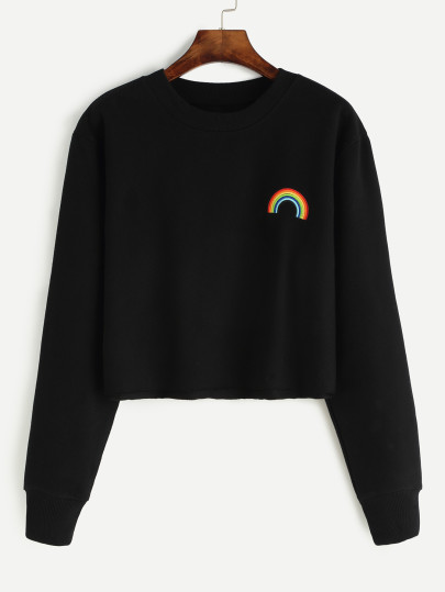 kurzes Sweatshirt mit Regenbogenem Stickereien -schwarz