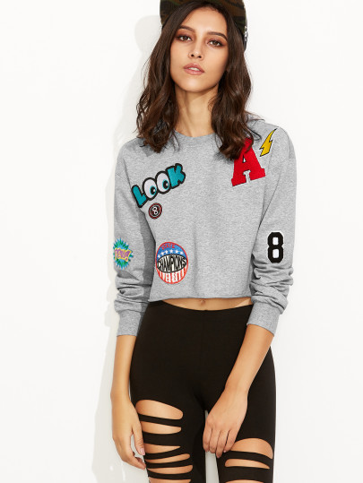 Heather Grey Raw Hem Crop Sweatshirt With Embroidered Patch