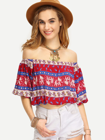Multicolor Off The Shoulder Crop Blouse