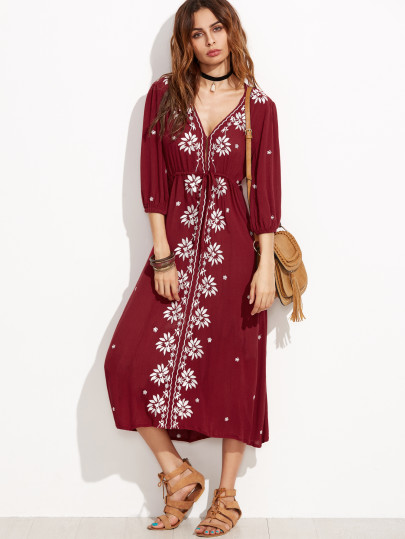 Drawstring Waist Embroidered Peasant Dress
