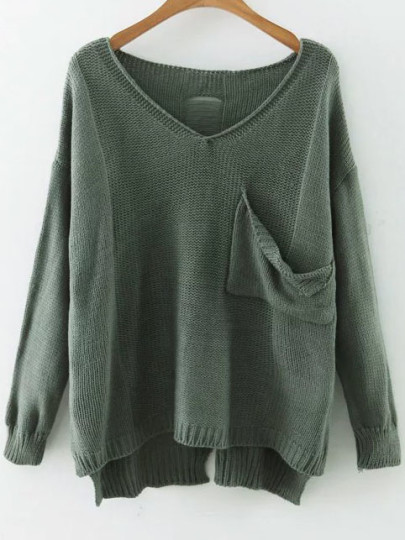 Drop Shoulder Dip Hem Pullover Sweater With Pocket