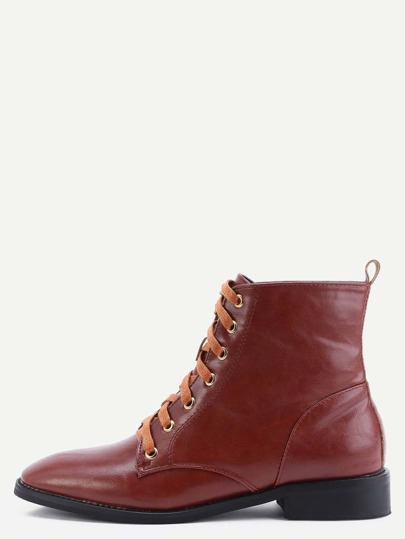 Bottines courts en similicuir bout carré avec lacet - brun