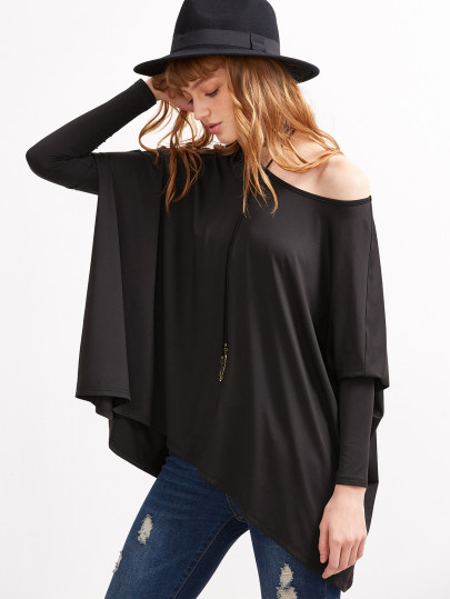 Maxi-T-shirt Dolmanärmel Boot-Ausschnitt-schwarz