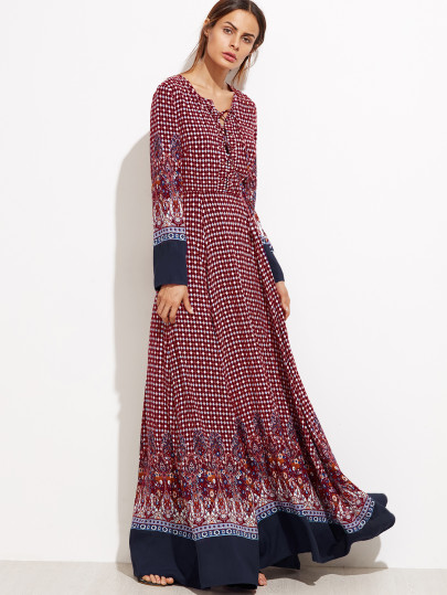 Ornate Print Lace Up Front Contrast Trim Dress