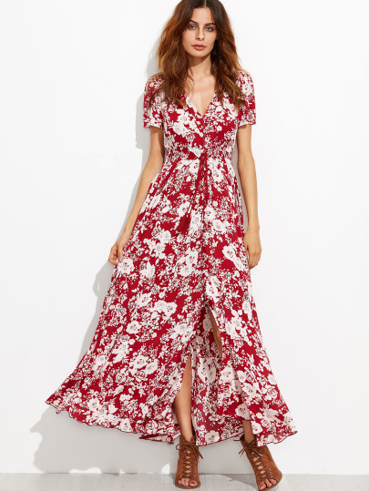 V-neckline Calico Print Tassel Tie Dress